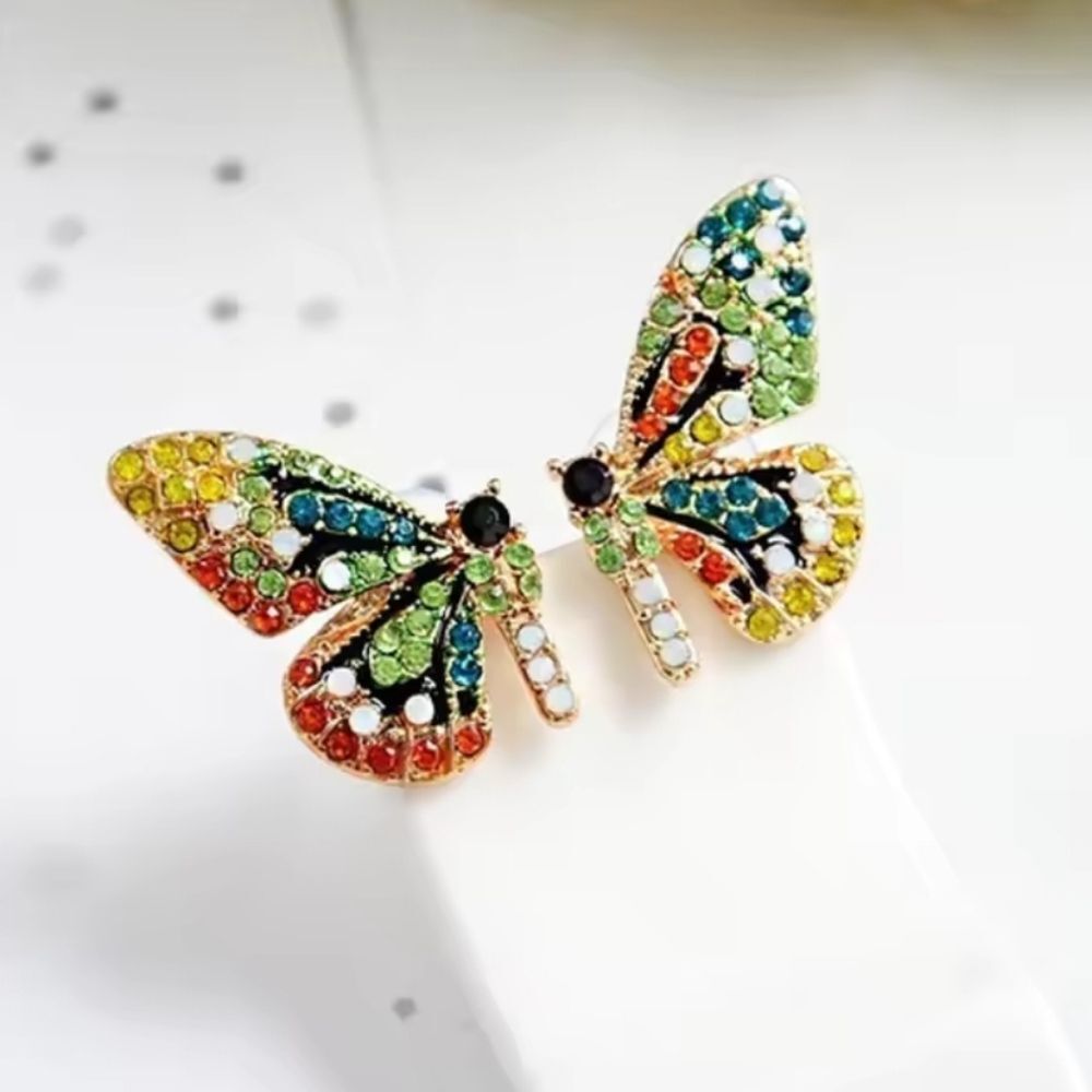 Multi-colored crystal butterfly stud earrings; nwot